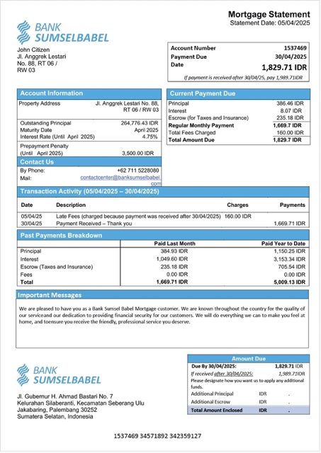 Download Indonesia Bank Sumsel Babel mortgage statement Word and PDF template Photoshop template
